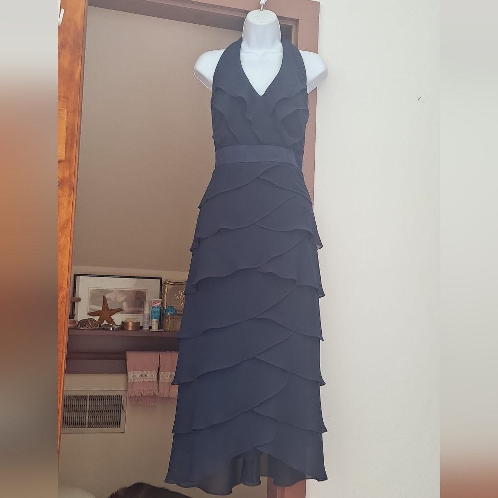BRAND NEW AFTER SIX Dark Blue Ruffled Chiffon Halter Dress V-neck Bodycon 14